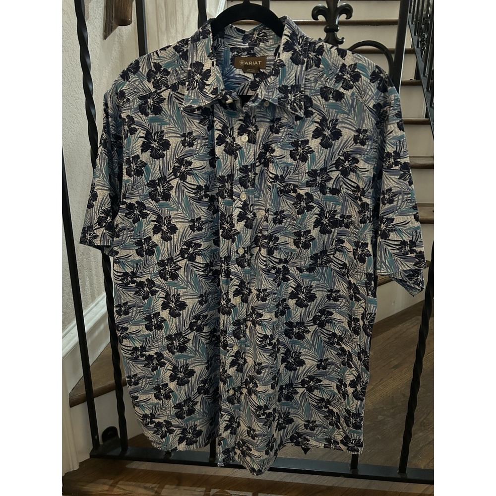 Men's XL Ariat Shirt Western Tropical Short Sleeves Floral Blue Palms